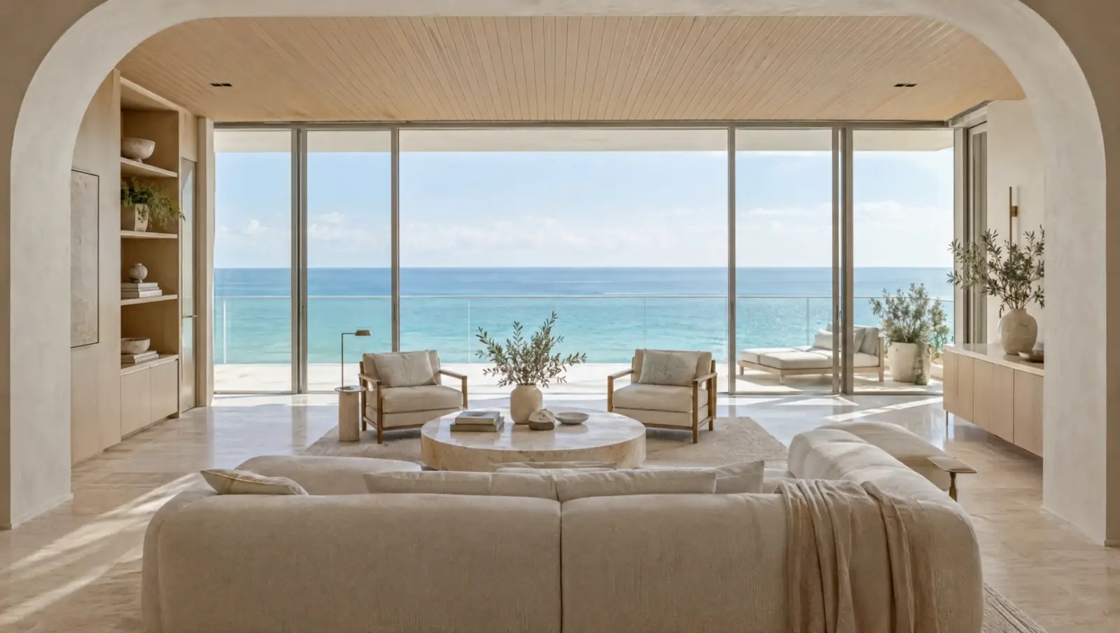 Living room of a modern oceanfront apartment in Miami Beach, with light walls, oak ceiling, travertine floor and floor-to-ceiling windows open to the ocean